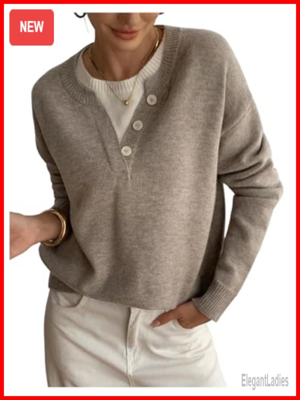 Womens Oversized Henley Sweater Button Front Long Sleeve Business Casual Top